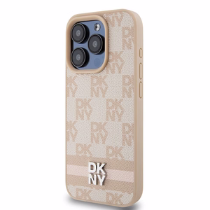 DKNY Nahkainen Checkered Mono Pattern & Printed Stripes Suojakuori iPhone 15 Pro:lle - vaaleanpunainen