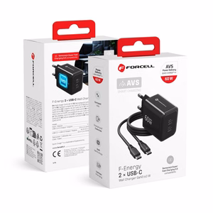 Forcell F-Energy GaN III Crystal Color VT-60 -puhelinlaturi, 2 × USB-C, AVS, SSFC3.0, 60 W, USB-C–USB-C-silikonikaapeli, musta