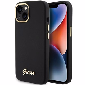 Guess Silikoninen Script Metal Logo & Frame Suojakuori iPhone 15:lle - musta
