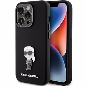 Karl Lagerfeld Silikoninen Ikonik Metal Pin Suojakuori iPhone 15 Prolle - musta