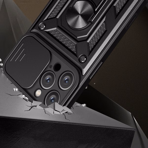 Hybrid Armor Camshield Panssaroitu Suojakuori iPhone 16 Pro Max:lle kameransuojalla ja jalustalla - Musta