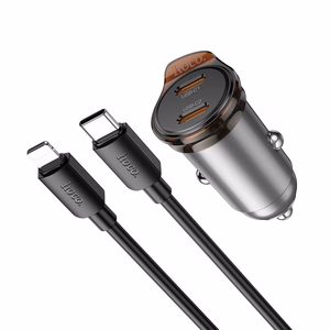Autolaturi Hoco 2 x USB-C QC PD 45W + USB-C - Lightning -kaapeli NZ16B metallinen harmaa