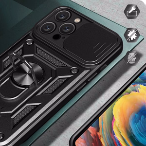 Hybrid Armor Camshield Panssaroitu Suojakuori iPhone 16 Pro Max:lle kameransuojalla ja jalustalla - Musta