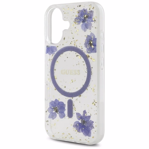 Guess Resin Flowers Glitter MagSafe Suojakuori iPhone 16:lle - Violetti