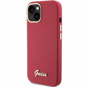 Guess Silikoninen Script Metal Logo & Frame Suojakuori iPhone 15:lle - punainen