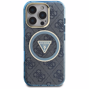 Guess IML Metal Glitter 4G Circle Triangle MagSafe Suojakuori iPhone 16 Pro:lle - Sininen