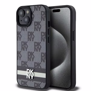 DKNY Nahkainen Checkered Mono Pattern & Printed Stripes Suojakuori iPhone 15/14/13:lle - musta