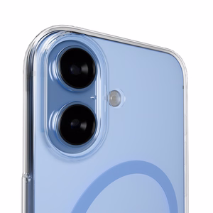 Puro Lite Mag TPU+PC suojakuori MagSafe-yhteensopiva iPhone 17:lle - läpinäkyvä sinisellä renkaalla