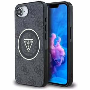 GUESS IML Metal Glitter 4G Circle Triangle MagSafe Alkuperäinen Suojakuori iPhone 17e/16e:lle - Musta