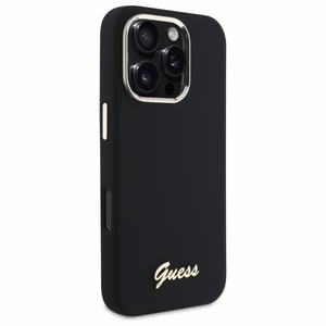 Guess Silikoninen Script Metal Logo & Frame Suojakuori iPhone 16 Pro Max:lle - musta