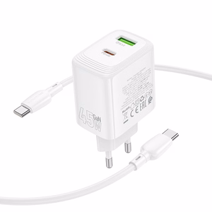 Borofone Wall charger BN30 Cargador GaN - USB + Type C - QC 3.0 PD 45W with Type C to Type C cable white