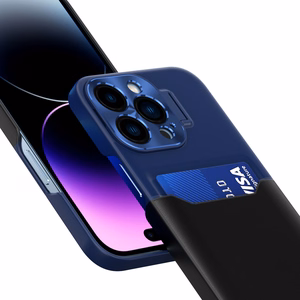 Nahkainen jalusta Suojakuori iPhone 14 Pro Max:lle korttiLompakko jalustan kanssa sininen