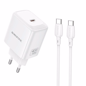 Borofone verkkolaturi BN33 Fuente GaN Type C - QC3.0 PD 40W ja Type C - Type C -kaapeli valkoinen