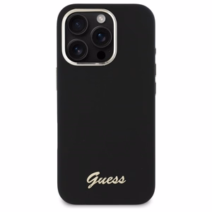 Guess Silikoninen Script Metal Logo & Frame Suojakuori iPhone 16 Pro Max:lle - musta