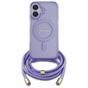 Guess Crossbody Cord Script MagSafe suojakuori iPhone 16:lle - violetti