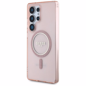 Guess Glitter Circle Classic Logo MagSafe -suojakuori Samsung Galaxy S25 Ultra pinkki