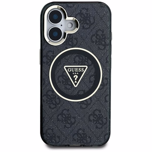 GUESS Suojakuori iPhone 16:lle MagSafe-yhteensopiva GUHMP16SHG4PRTGK (IML Metal Glitter 4G Circle Triangle) Musta