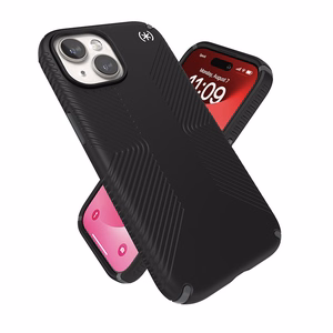 Speck Presidio2 Grip MagSafe suojakuori iPhone 17e / 16e / 15 / 14 / 13 -laitteelle, musta liuskeenharmailla yksityiskohdilla