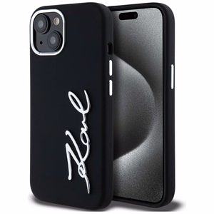 Karl Lagerfeld Silikoninen Metal Script Logo iPhone 15 Suojakuori - Musta