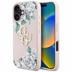 Guess Grained Roses Big 4G logo Suojakuori iPhone 16:lle - vaaleanpunainen
