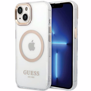 Guess Metal Outline MagSafe Suojakuori iPhone 15 Plus / 14 Plus:lle - kultainen