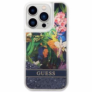 Guess Flower Liquid Glitter Suojakuori iPhone 14 Pro Max:lle - sininen