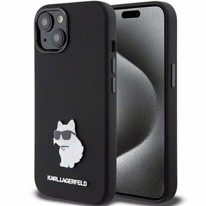 Karl Lagerfeld Silikoninen Choupette Metal Pin Suojakuori iPhone 15 Plus / 14 Pluslle - musta