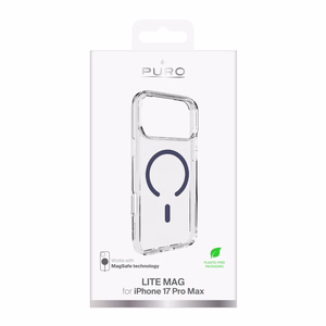 Puro Lite Mag TPU+PC suojakuori MagSafe-yhteensopiva iPhone 17 Pro Max:lle - läpinäkyvä sinisellä renkaalla