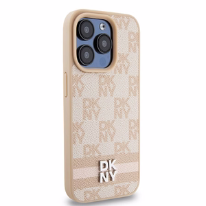 DKNY Nahkainen Checkered Mono Pattern & Printed Stripes Suojakuori iPhone 15 Pro:lle - vaaleanpunainen