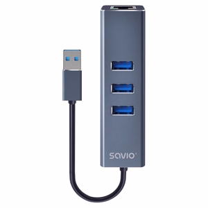 Savio AK-57 USB-A - 3x USB-A -keskitin RJ-45 Gigabit Ethernet -adapterilla, USB 3.2 Gen 1, musta/harmaa