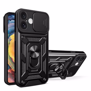 Hybrid Armor Camshield Panssaroitu Suojakuori iPhone 16:lle kameransuojalla ja jalustalla - Musta
