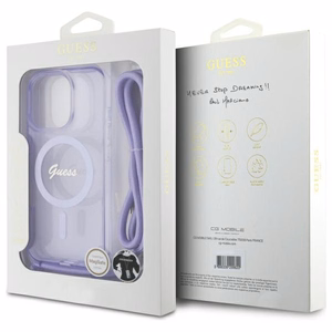 Guess Crossbody Cord Script MagSafe Suojakuori iPhone 16 Pro Max:lle - violetti