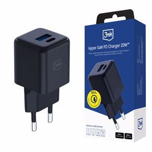 Musta 3mk Hyper GaN -seinälaturi, 20 W, QC4+/PD/PPS, USB 1A1C, EU