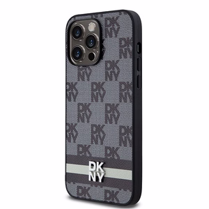 DKNY Nahkainen Checkered Mono Pattern & Printed Stripes Suojakuori iPhone 14 Pro Max:lle - musta