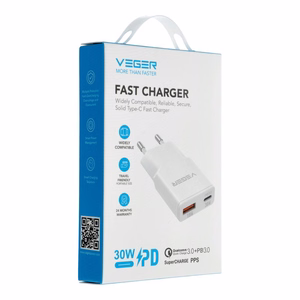 VEGER seinälaturi USB A + USB C QC PD 30W 30W1A1C valkoinen