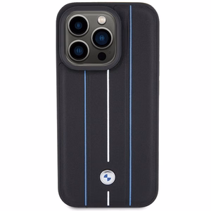 BMW Leather Stamp Blue Line Case for iPhone 15 Pro Max - Black