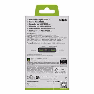 Powerbank SBS TTBB10000FASTPD20K 10000 mAh 20W Power Delivery -virtalähteellä - musta