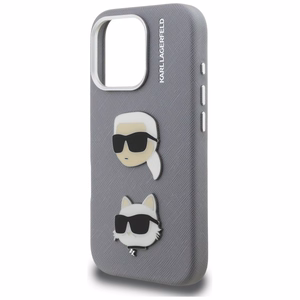 Karl Lagerfeld FW Grained Karl & Choupette Heads Pins Suojakuori iPhone 16 Pro - harmaa