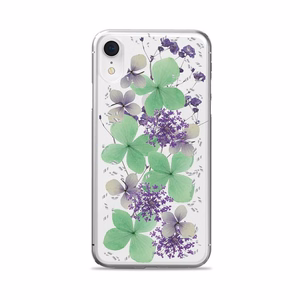 Puro Glam Hippie Chic case for iPhone XR, with real green flower petals