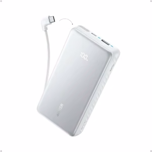 Valkoinen varavirtalähde Anker Zolo, 22,5 W, 20000 mAh, USB-C, sisäänrakennettu USB-C-kaapeli