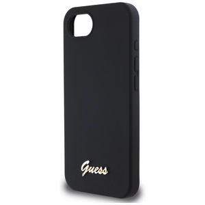 Guess HC Silikoninen Script Metal Logo Suojakuori iPhone 16e:lle - Musta