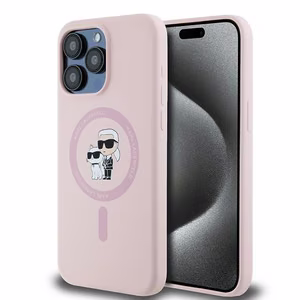 Karl Lagerfeld Silikoninen Karl&Choupette MagSafe Suojakuori iPhone 15 Pro:lle - vaaleanpunainen