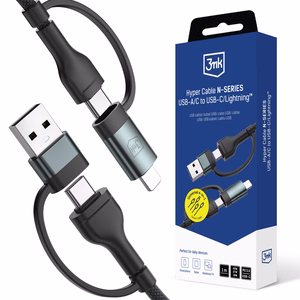 3mk Hyper Cable N-SERIES 2 in 2 USB-A / USB-C ja USB-C / Lightning 1.2m QC 3.0 9V/2A 60W - musta
