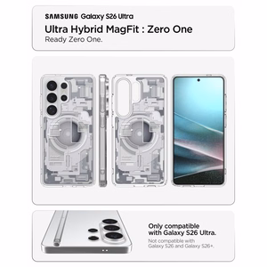 Spigen Ultra Hybrid Mag Zero One suojakuori laitteelle Samsung Galaxy S26 Ultra, MagSafe-yhteensopiva, läpinäkyvä ja valkoinen