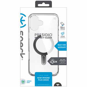 Speck Presidio Perfect-Clear -suojakuori MagSafe- ja ClickLock-tuella iPhone 16 Plus:lle, Clear/Chrome