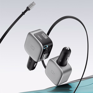 Cuktech CC903P car charger 100 W, with display and 70 cm retractable USB-C cable – gray