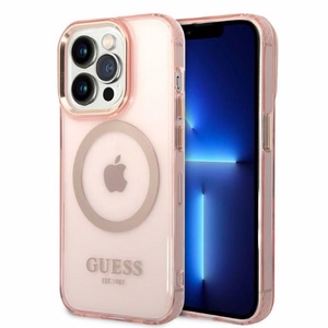 Guess GUHMP14LHTCMP iPhone 14 Pro 6.1 vaaleanpunainen/vaaleanpunainen kova suojakuori Gold Outline läpinäkyvä MagSafe