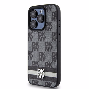 DKNY Nahkainen Checkered Mono Pattern & Printed Stripes Suojakuori iPhone 15 Pro:lle - musta