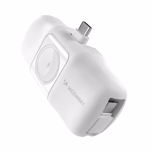 Wozinsky WF16-YCS 5000mAh 15W USB-C Mini Power Bank, jossa on sisäänrakennettu USB-C-kaapeli ja Apple Watch -laturi - Valkoinen