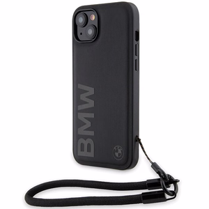 BMW Signature Leather Wordmark Cord Suojakuori iPhone 15 Plus / 14 Plus:lle - musta